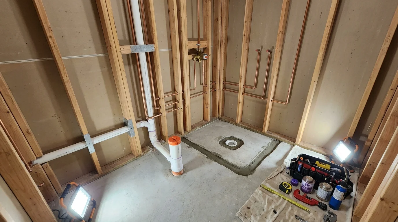 Bathroom rough-in plumbing during remodel by Johns Plumbing LLC in Carol Stream