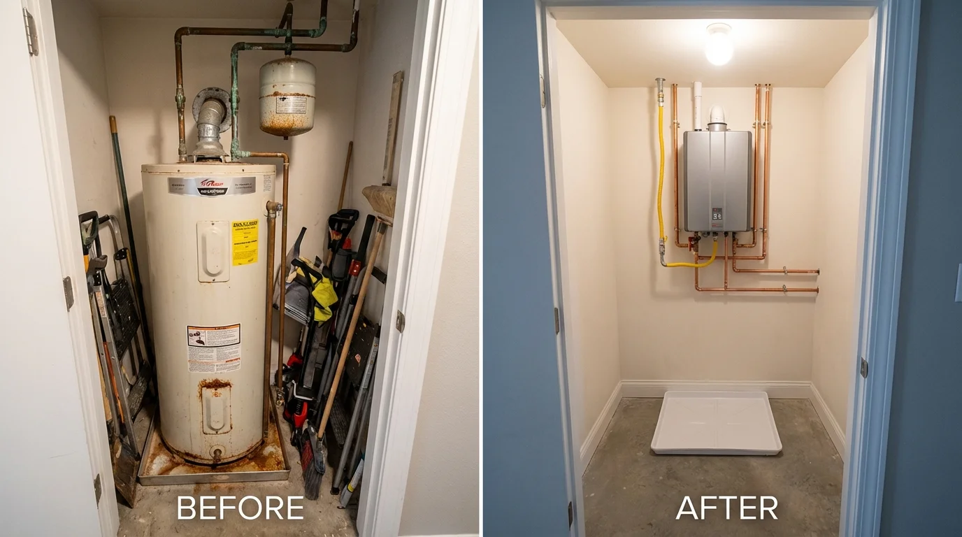Tank water heater versus wall-mounted tankless unit comparison for Carol Stream, IL homeowners