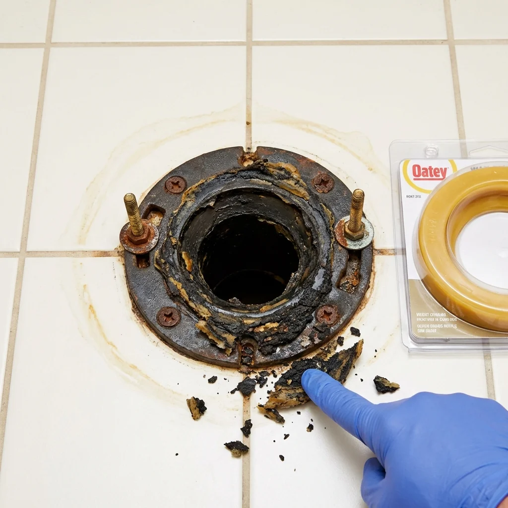 Failed wax ring showing water seepage at the base of a toilet in a Carol Stream, IL home