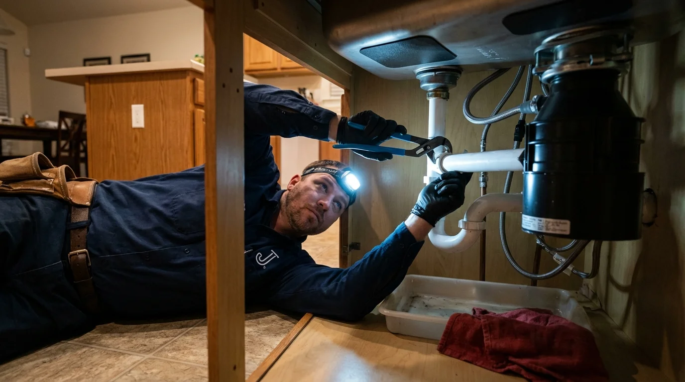 P-trap and supply line connections under a kitchen sink showing a common leak point in Carol Stream, IL